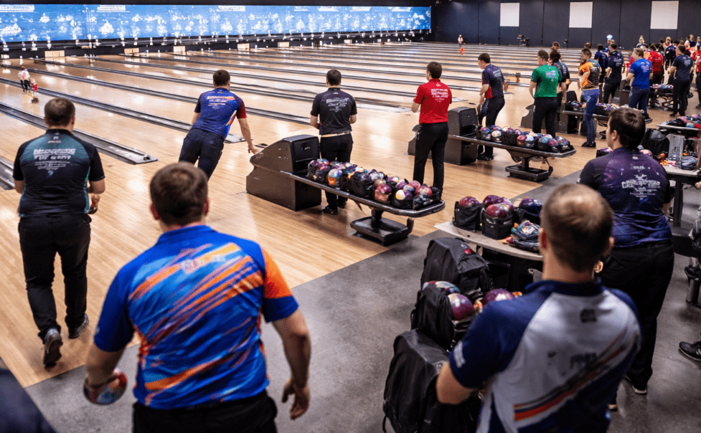 Bowlers wearing jerseys compete in a bowling tournament across multiple lanes inside a bowling alley