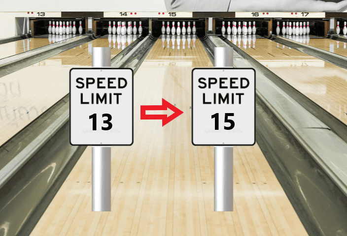 Bowling ball speed comparison showing increasing speed from 13 mph to 15 mph for proper lane reaction
