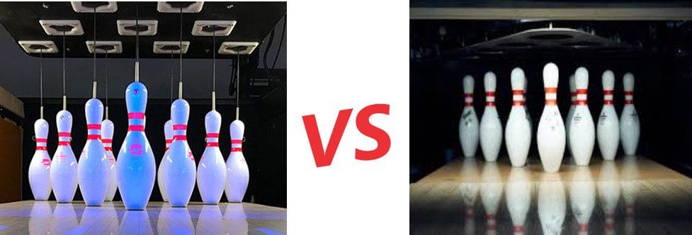 Side-by-side comparison of bowling pins: string pins on the left and free-fall regular pins on the right, with “VS” in the middle, showing normal pin racks for both setups.