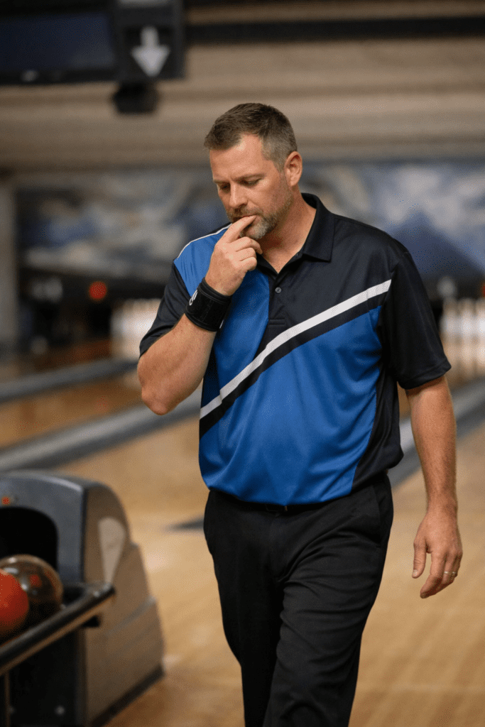 Bowler walking off the lane after a shot, thinking through and talking out bowling adjustments during competition
